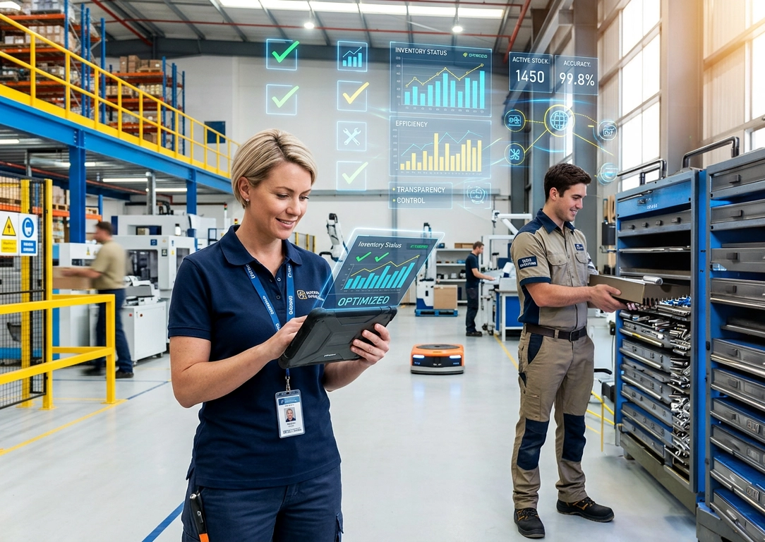 Digitale Instandhaltungssoftware zeigt Echtzeitdaten zur Betriebsmittel- und Werkzeugverwaltung in der Industrieproduktion