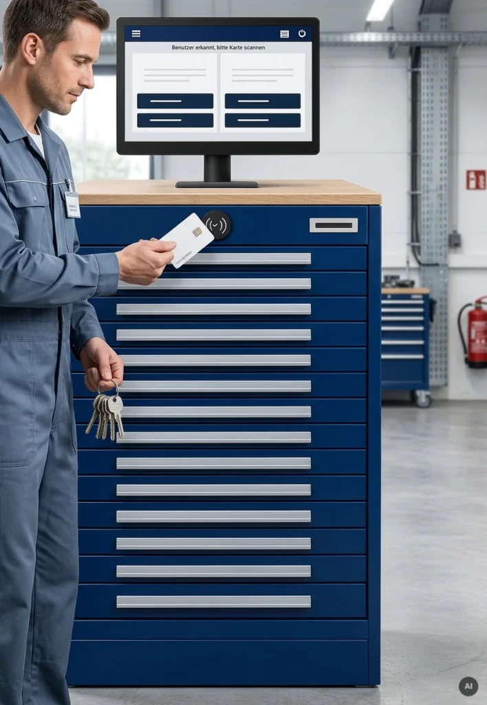 Ein Techniker hat eine RFID-Karte in der Hand um einen Schlüsselautomaten zu öffnen.